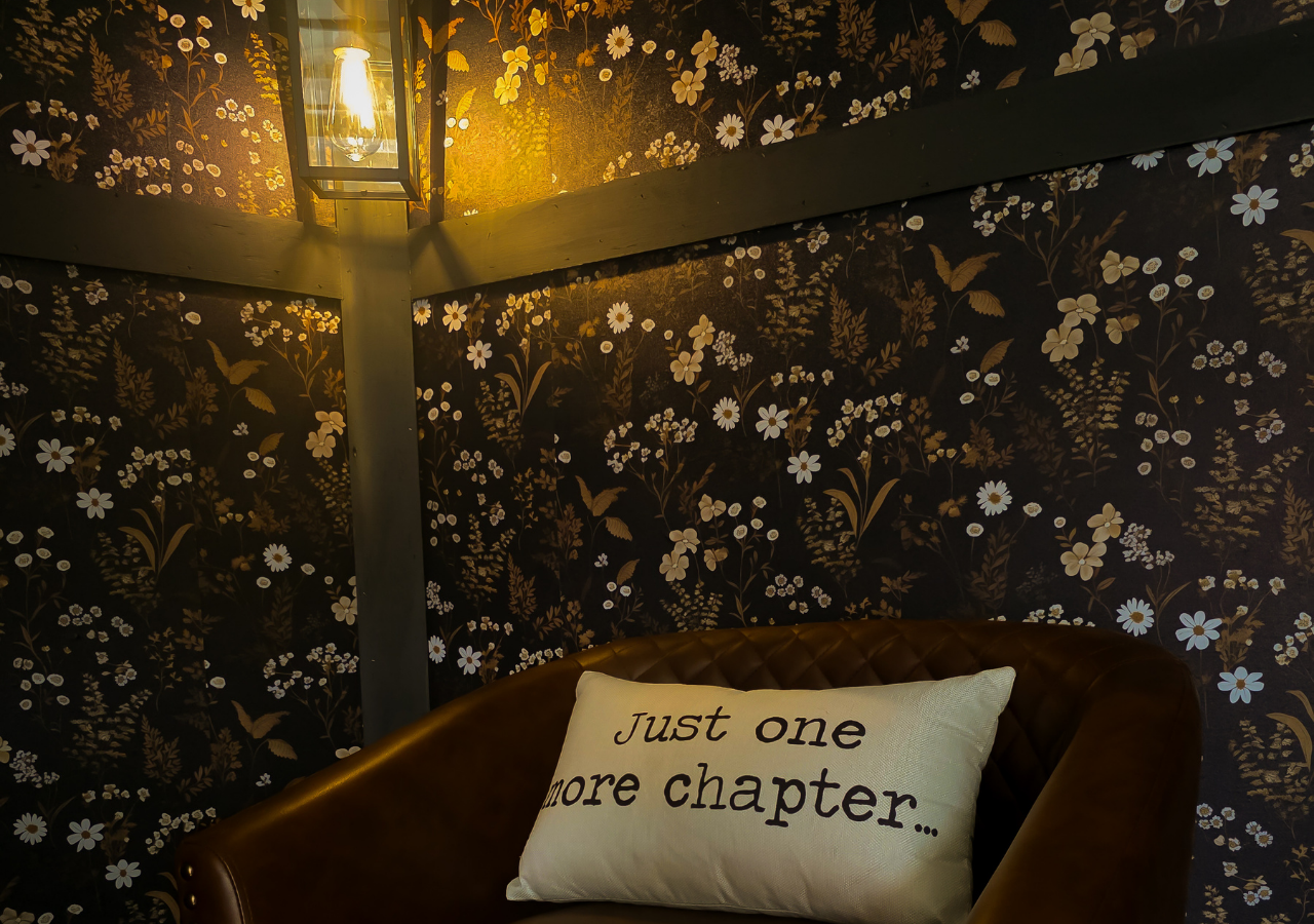 Cozy reading nook with warm lamp